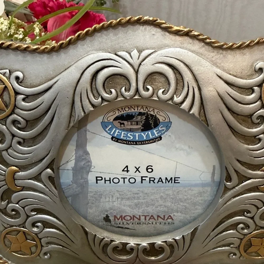 Vintage Montana Silversmiths Silver Gold Rope Trim Western 4x6 Photo Frame